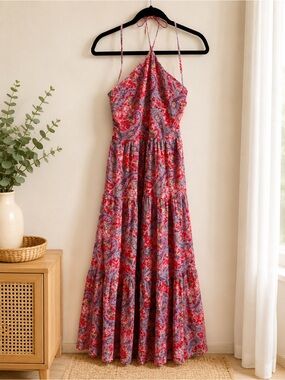 Fashion Nova Red Paisley Halter Maxi Dress with Purple Accents